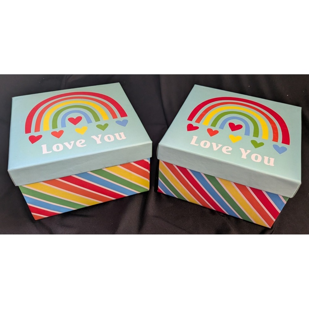 LOT OF 2 RAINBOW, LOVE YOU  6.5"X6.5"X3.75" Gift Boxes, NEW